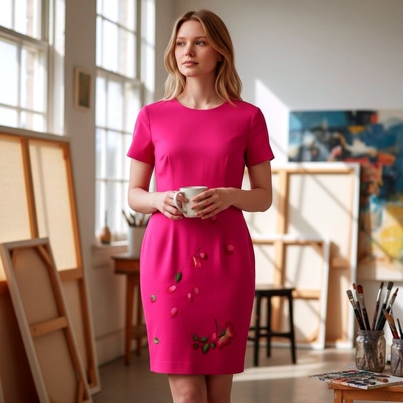 Donna Morgan Dresses & Skirts - Donna Morgan‎ Pink Linen Sheath Dress Floral Cherry Embroidery Sz 6 /#8043